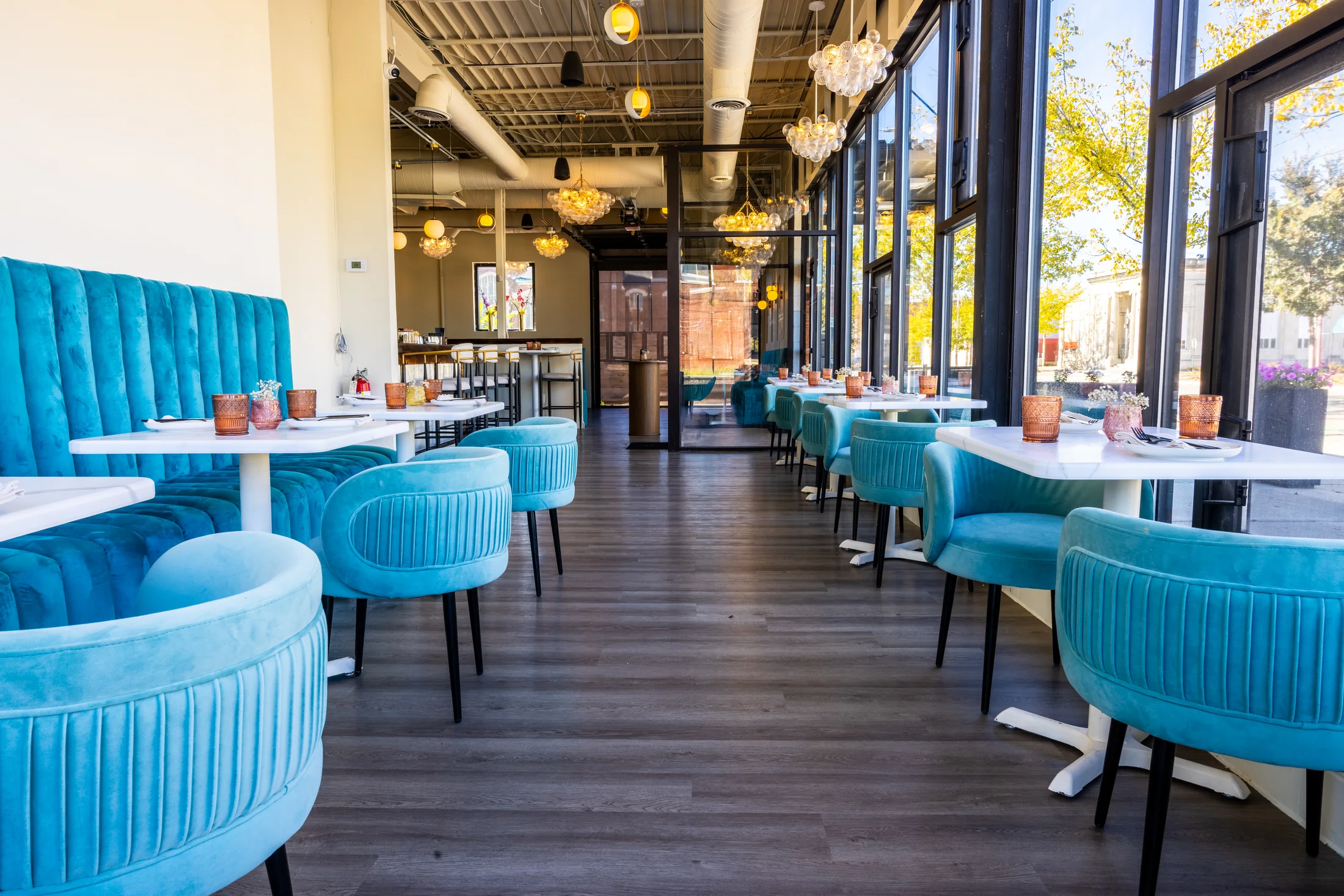 Light-filled restaurant dining room